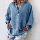Women's Oversized Blouse with Long Sleeves, V-Neck and Button Detail