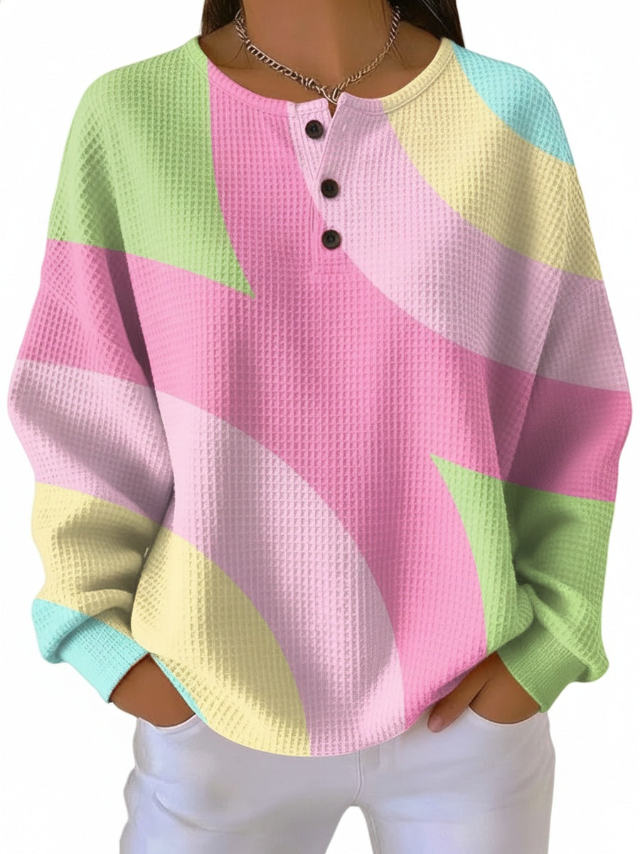 Women's Oversized Long Sleeve Henley Sweater with Color Block Geometric Print