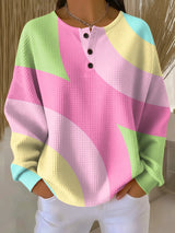 Women's Oversized Long Sleeve Henley Sweater with Color Block Geometric Print