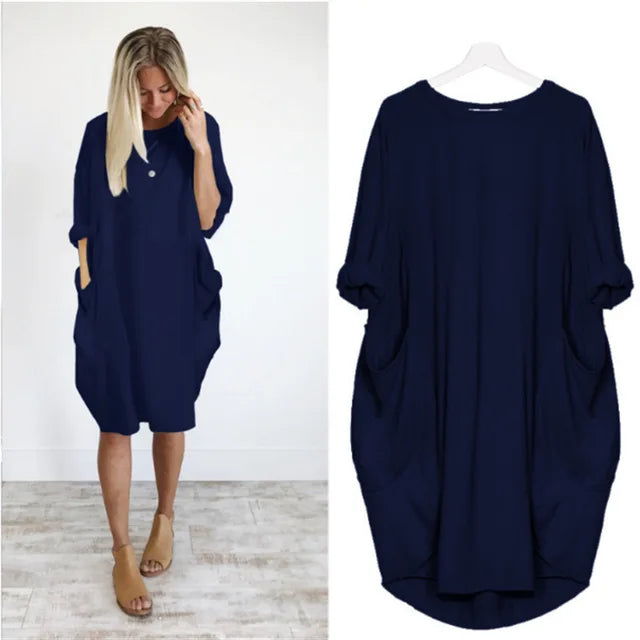 Women's Oversized Midi Dress with Long Sleeves, Round Neck and Side Pockets