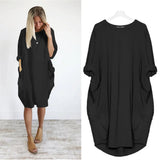 Women's Oversized Midi Dress with Long Sleeves, Round Neck and Side Pockets