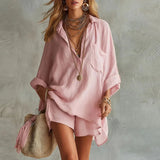 Women's Oversized Shirt and Shorts Set with V-Neck and Long Sleeves