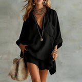 Women's Oversized Shirt and Shorts Set with V-Neck and Long Sleeves