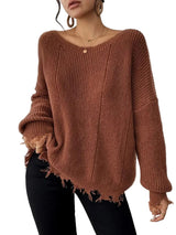 Women's Ribbed Knit Sweater with Frayed Trim