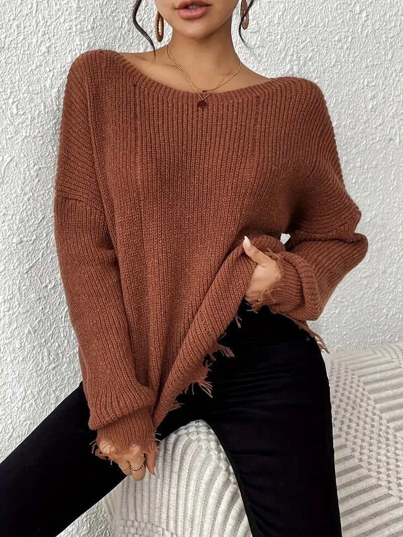Women's Ribbed Knit Sweater with Frayed Trim