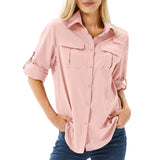 Women's Safari Shirt Long Sleeve with Roll-Up Sleeves and Chest Pockets