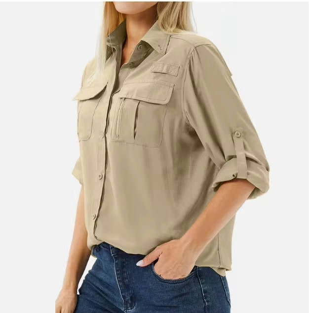 Women's Safari Shirt Long Sleeve with Roll-Up Sleeves and Chest Pockets