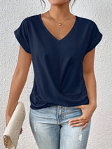 Women's Short Sleeve Blouse with V-Neck and Twist Detail