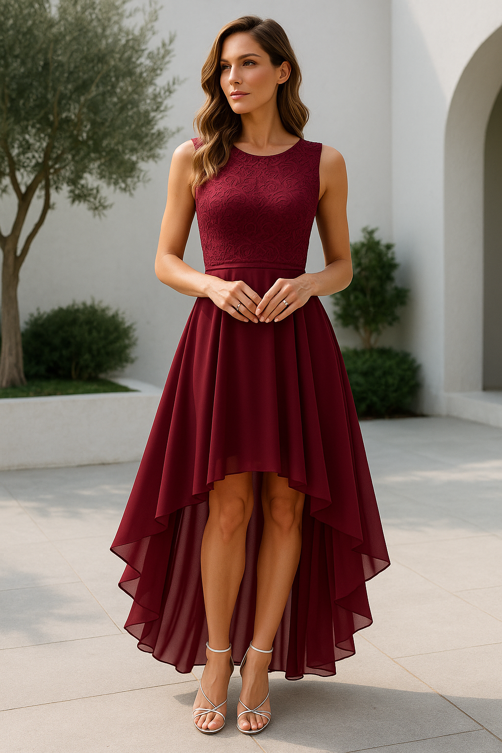 Women's Sleeveless Cocktail Dress with Lace Bodice and High-Low A-Line Skirt