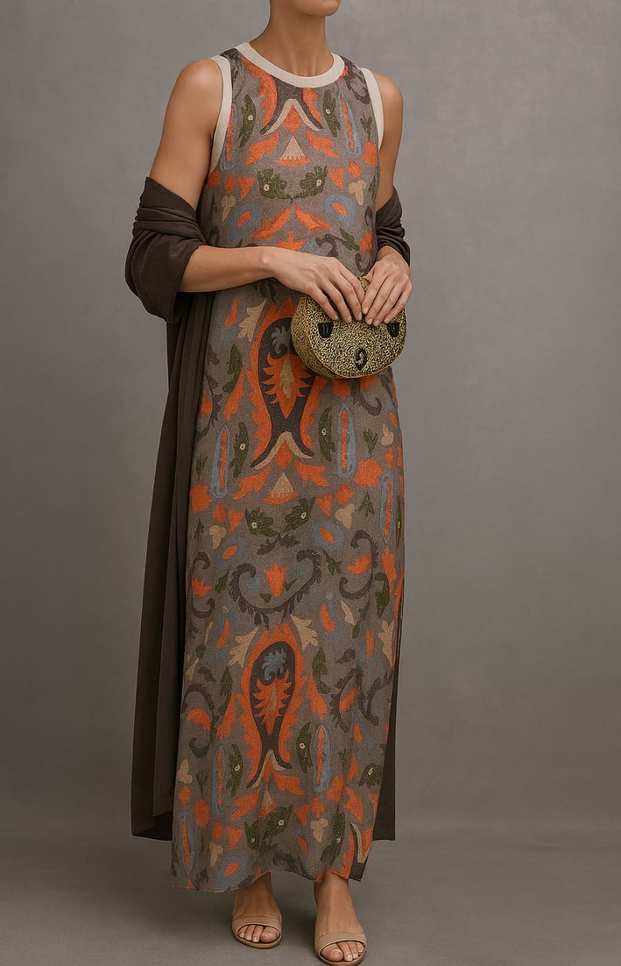 Women's Sleeveless Maxi Dress and Coat Set with Floral Print