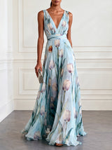 Women's Sleeveless Maxi Dress with Deep V-Neck, Tulip Floral Print and A-line Skirt