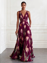 Women's Sleeveless Maxi Dress with Deep V-Neck, Tulip Floral Print and A-line Skirt