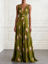 Women's Sleeveless Maxi Dress with Deep V-Neck, Tulip Floral Print and A-line Skirt