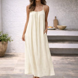 Women's Sleeveless Maxi Dress with Spaghetti Straps, Open Back and Side Pockets
