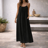 Women's Sleeveless Maxi Dress with Spaghetti Straps, Open Back and Side Pockets
