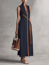 Women's Sleeveless Maxi Dress with V-Neck, Contrast Trim and A-Line Silhouette