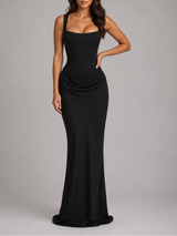 Women's Sleeveless Maxi Evening Gown with Corset Bodice and Draped Waist