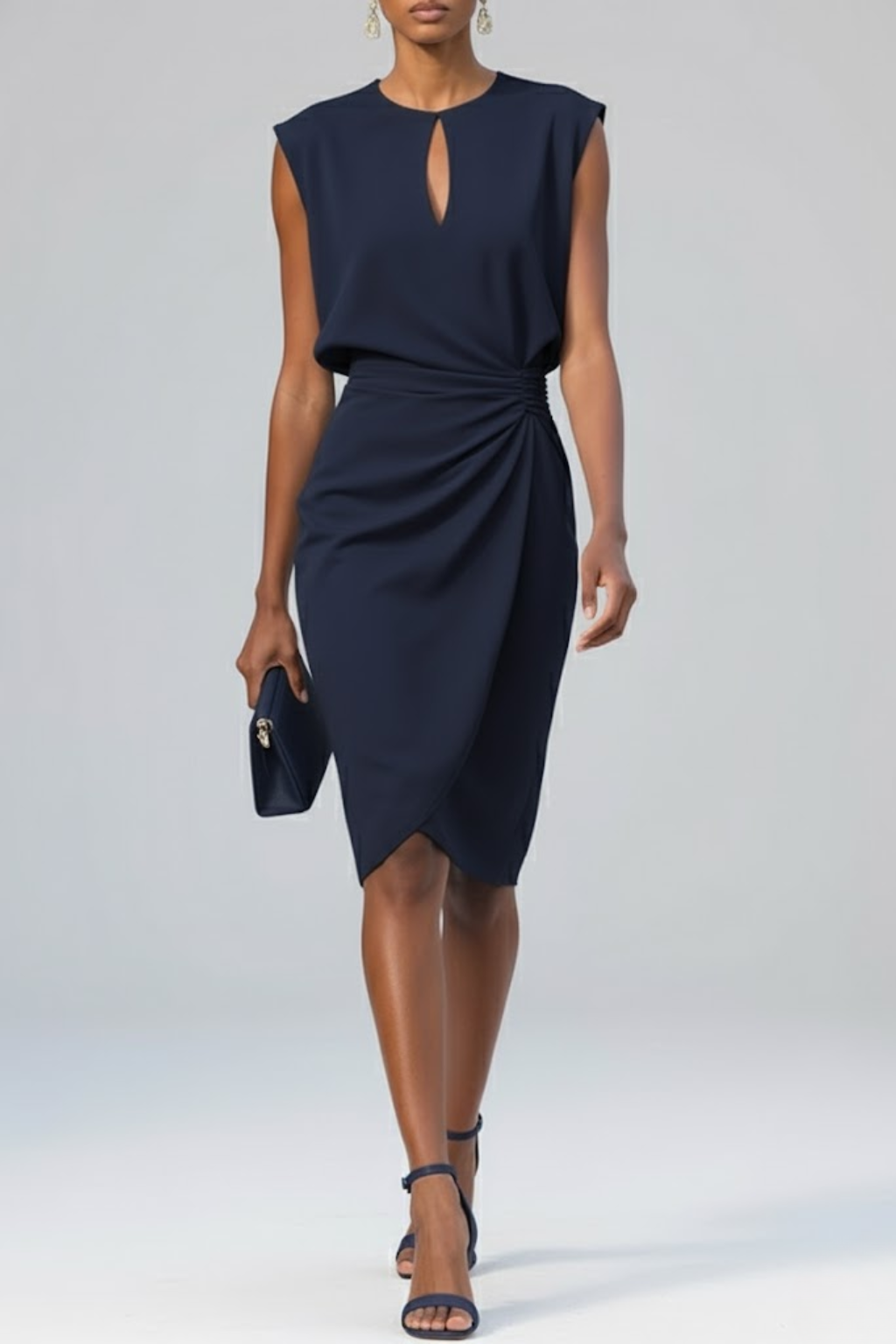 Women's Sleeveless Midi Dress with Keyhole Neckline and Ruched Waist