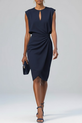 Women's Sleeveless Midi Dress with Keyhole Neckline and Ruched Waist