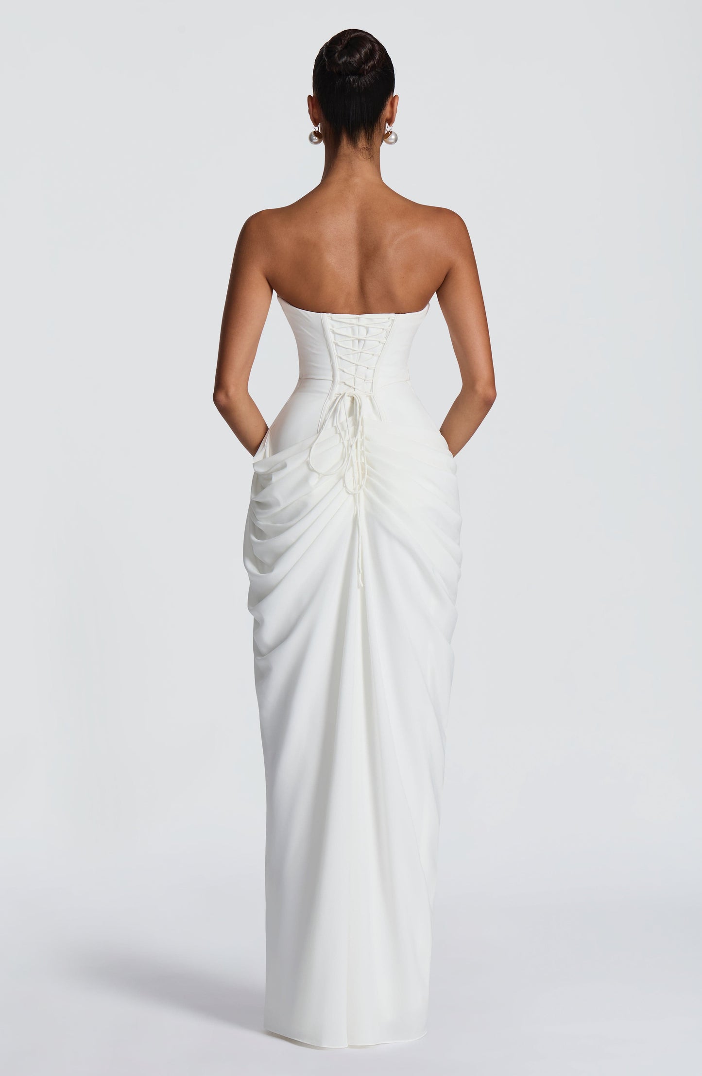 Women's Strapless Corset Maxi Dress with Draped Skirt and Thigh Split