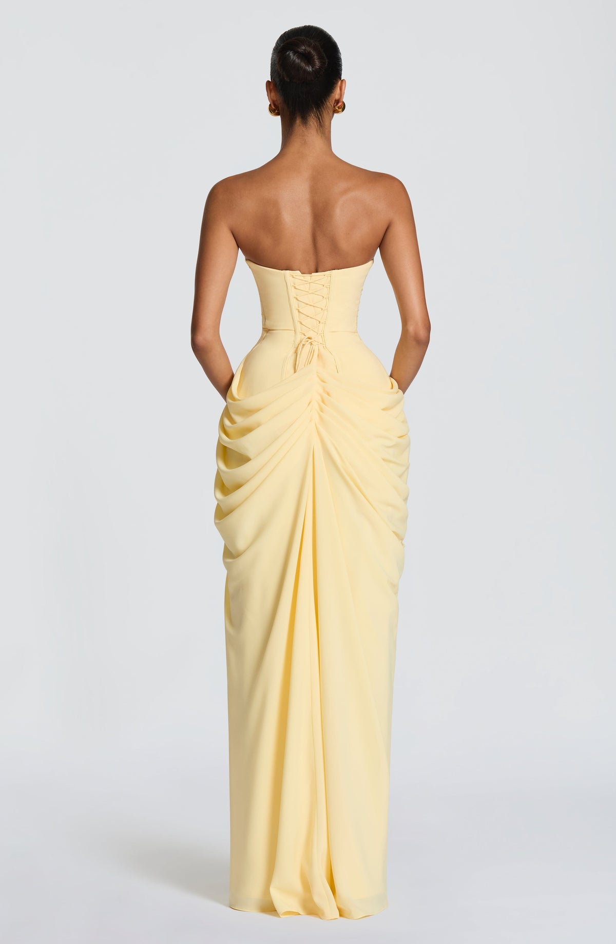 Women's Strapless Corset Maxi Dress with Draped Skirt and Thigh Split