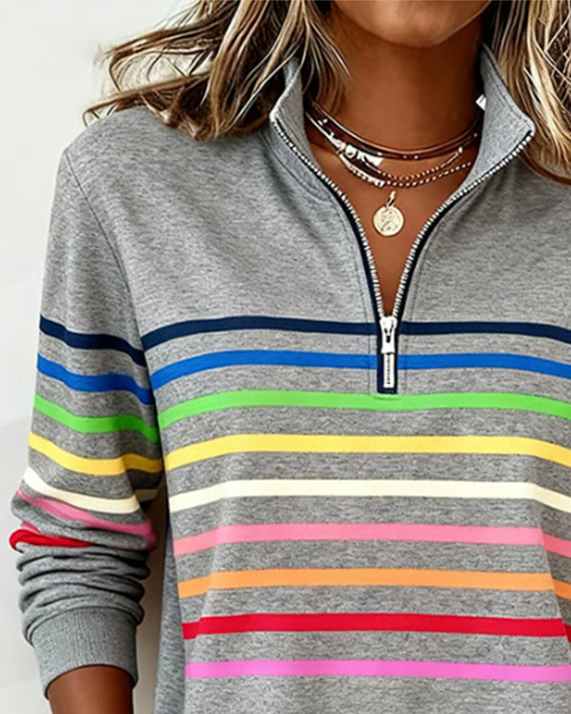 Women's Striped Half-Zip Sweatshirt with Stand Collar