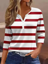 Women's Striped Henley Top with Three-Quarter Sleeves and V-Neck