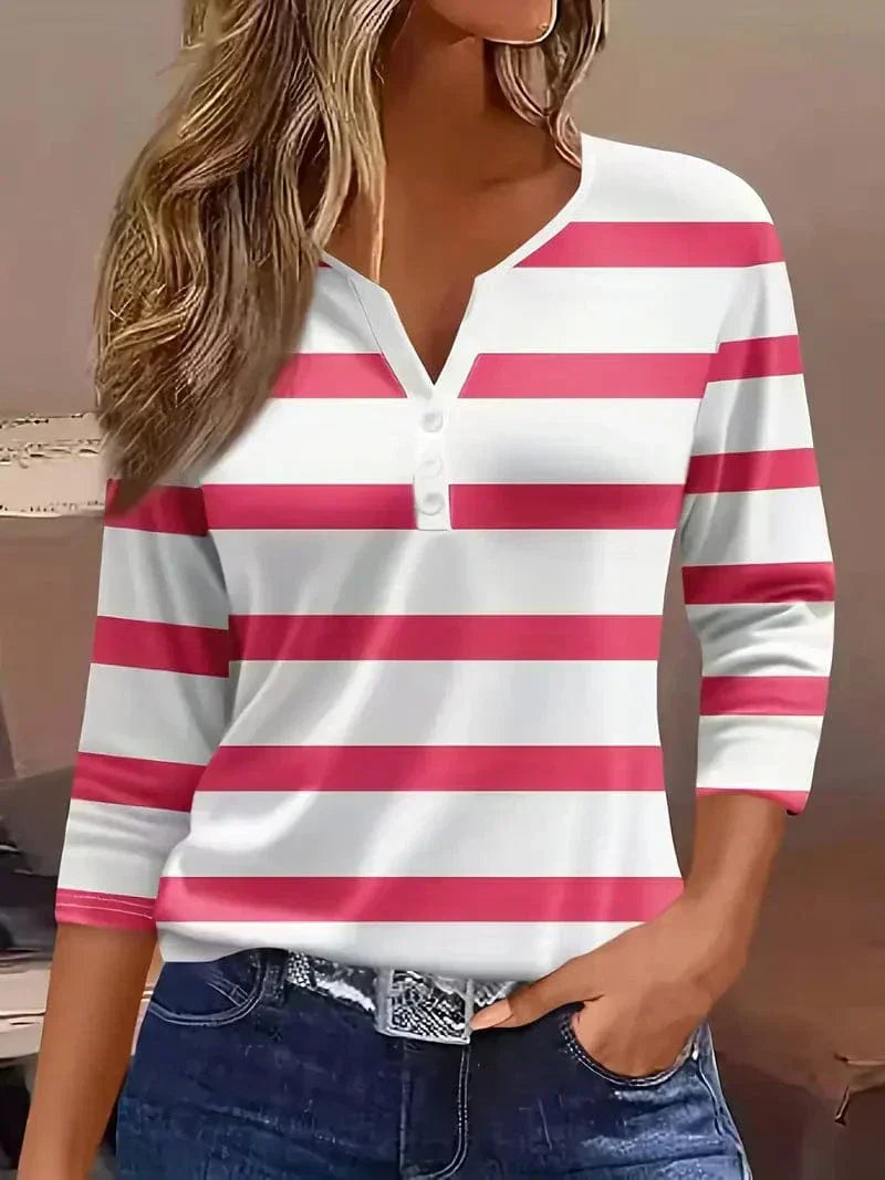 Women's Striped Henley Top with Three-Quarter Sleeves and V-Neck