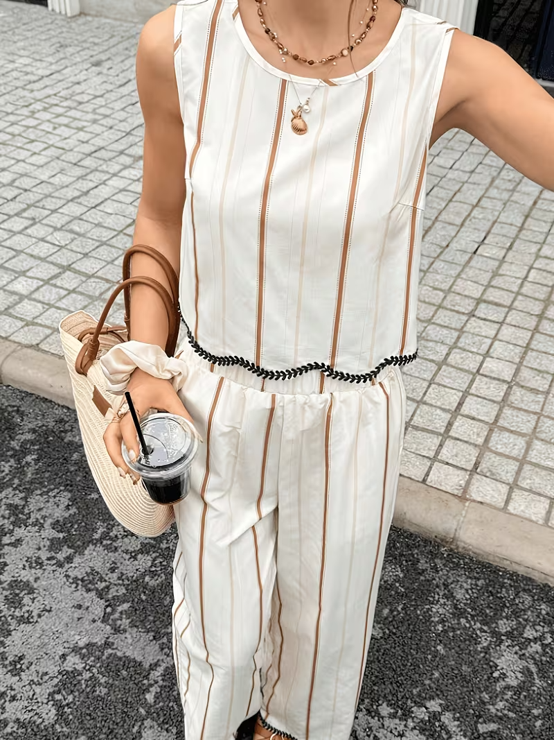Women's Striped Two-Piece Set with Embroidered Trim