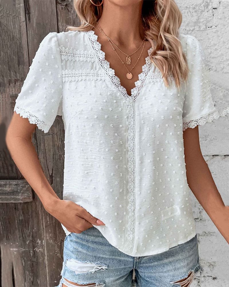 Women's Swiss Dot Blouse with V-Neck, Lace Trim and Short Puff Sleeves