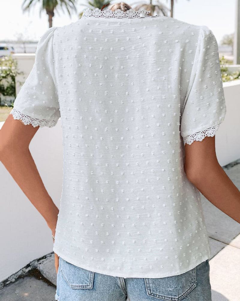 Women's Swiss Dot Blouse with V-Neck, Lace Trim and Short Puff Sleeves