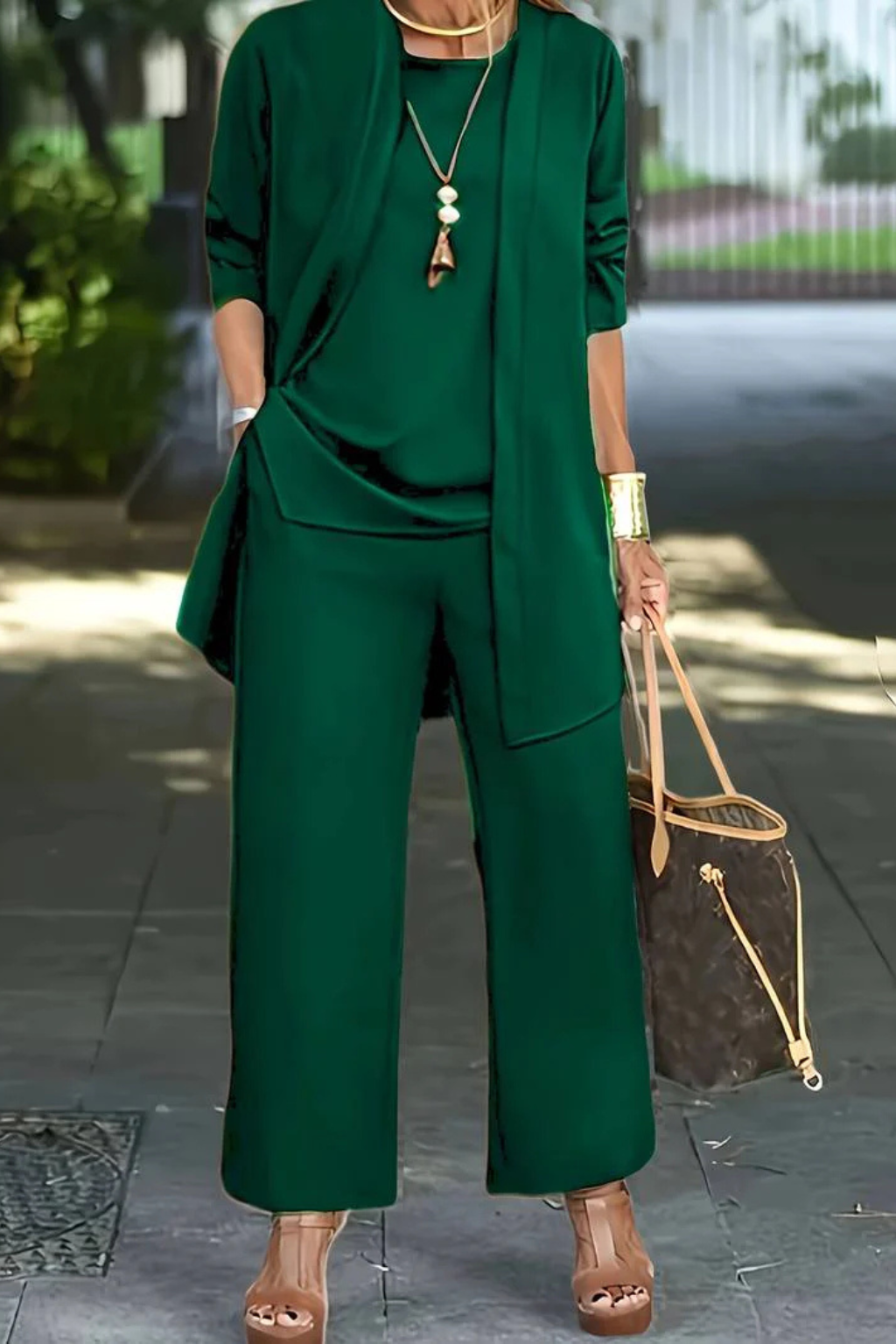 Women's Three-Piece Clothing Set with Open Cardigan, Tank Top and Wide-Leg Trousers
