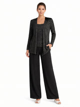 Women's Three-Piece Formal Pant Set with Sequin Jacket and Wide-Leg Trousers