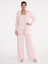Women's Three-Piece Formal Pant Set with Sequin Jacket and Wide-Leg Trousers