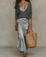 Women's Two-Piece Set Long-Sleeve Sweater and Satin Midi Slip Dress