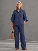Women's Two-Piece Set with Blouse, Mandarin Collar and Wide-Leg Trousers