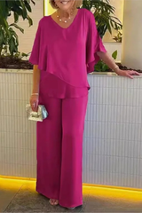 Women's Two-Piece Set with Cape Top and Wide-Leg Pants V-Neck