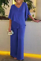 Women's Two-Piece Set with Cape Top and Wide-Leg Pants V-Neck