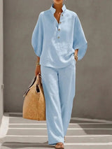 Women's Two-Piece Set with Wide-Leg Trousers and Stand Collar Blouse