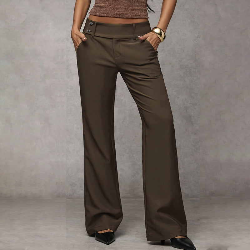 Women's Wide-Leg High Waist Flared Trousers with Button Detail