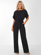 Women's Wide-Leg Jumpsuit with Short Sleeves, Round Neck and Tie Belt