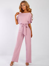 Women's Wide-Leg Jumpsuit with Short Sleeves, Round Neck and Tie Belt
