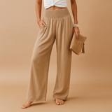 Women's Wide-Leg Trousers with Smocked High Waist and Side Pockets