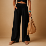 Women's Wide-Leg Trousers with Smocked High Waist and Side Pockets