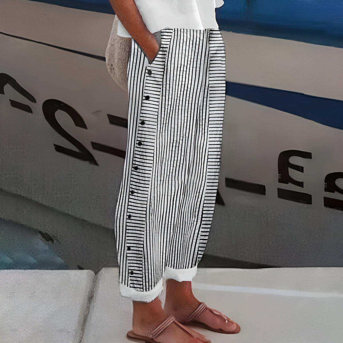 Women's Wide Leg Trousers with Striped Print and Button Detail