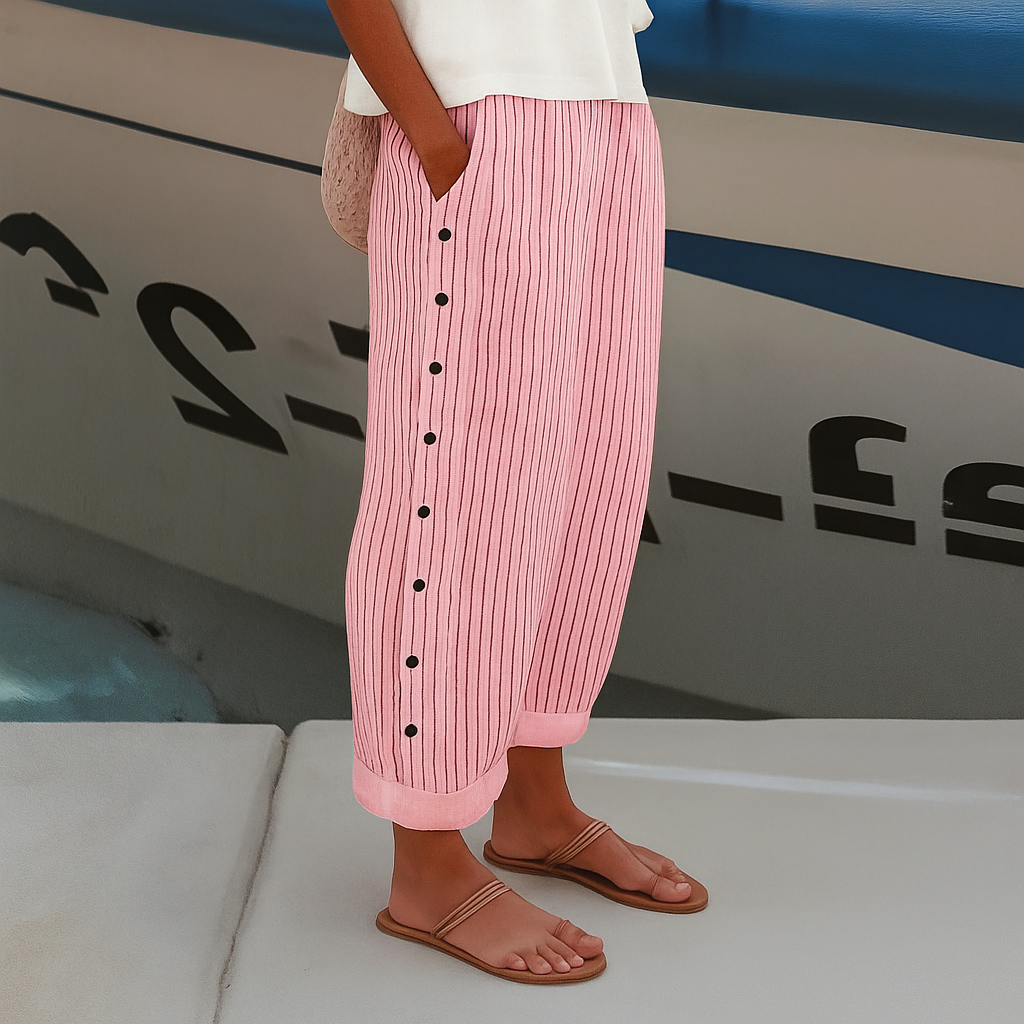 Women's Wide Leg Trousers with Striped Print and Button Detail