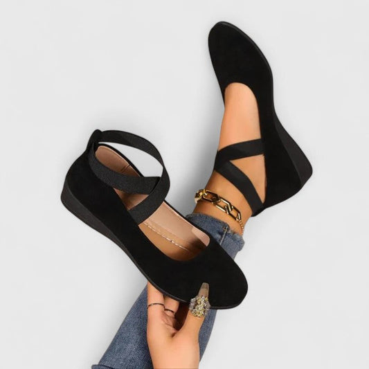 Women's Ballet Flats with Cross Elastic Ankle Strap and Wedge Sole