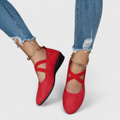Women's Ballet Flats with Cross Elastic Ankle Strap and Wedge Sole