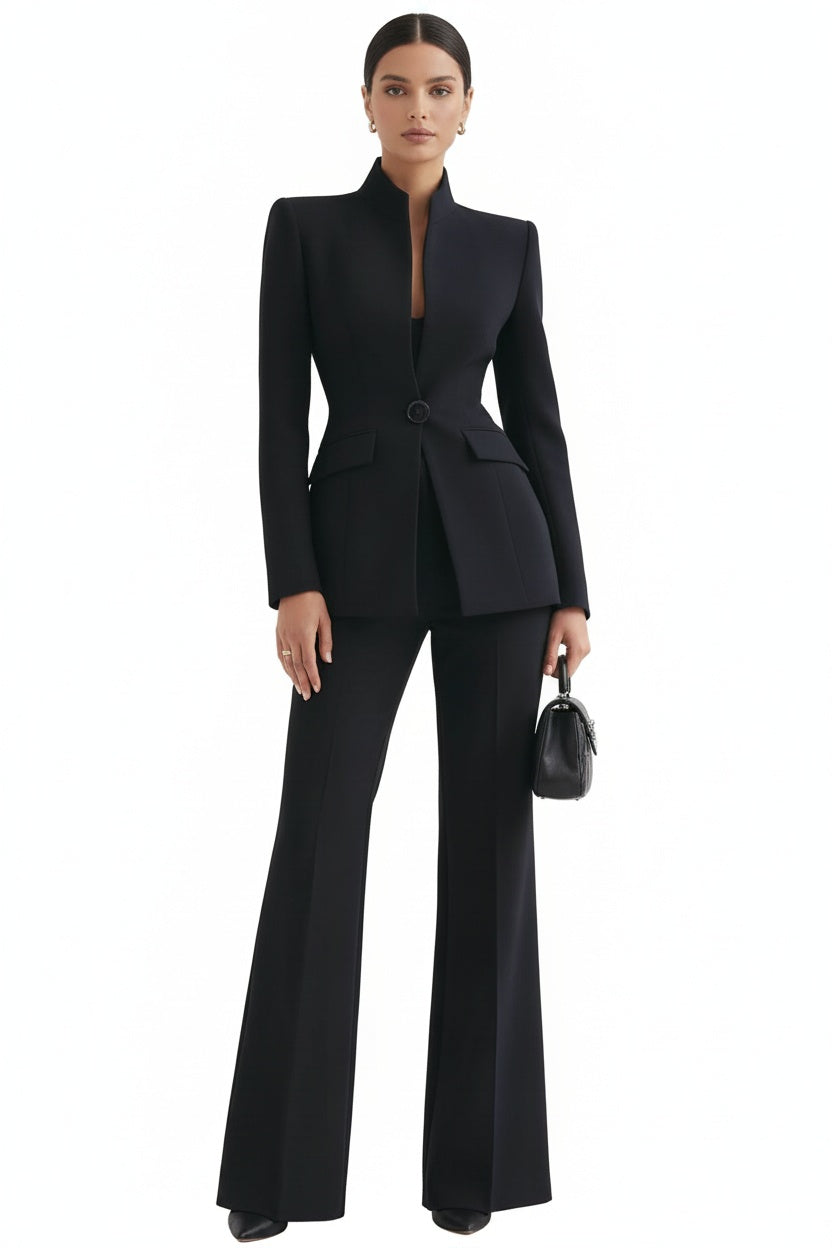 Women's Blazer and Palazzo Trousers Suit Set with Stand Collar and Single Button