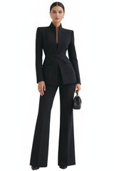 Women's Blazer and Palazzo Trousers Suit Set with Stand Collar and Single Button